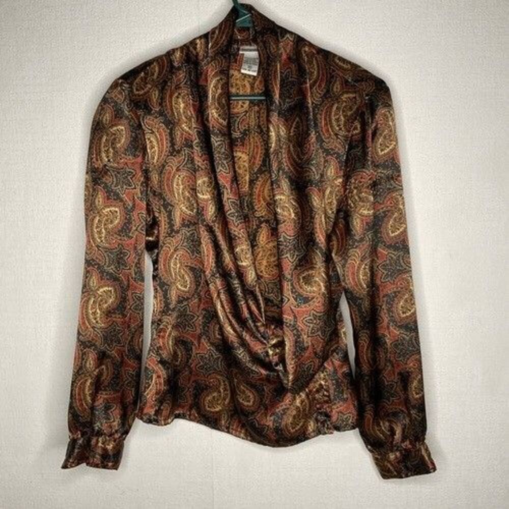 VTG Vintage Nicola Black/Brown Paisley Button Wrap Sateen Blouse Women 8 Korea